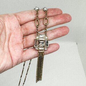 Light Brassy Gold 20's Styled Flapper Necklace Rhinestones Blue Crystal Tassels